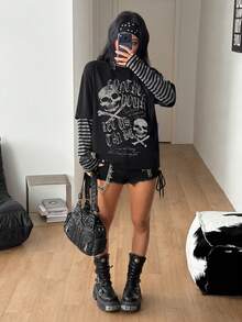 Coolane 女款秋冬休閒哥德風街頭外出穿搭舒適萬聖節圖案印花層次感黑色大尺寸圓領長袖T恤 - 黑色 - 查看 5