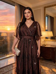 Auveirra Plus Size Elegant Sequin Party Dress - Brown - View 5