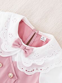 SHEIN Elladie kids 少女蕾絲刺繡百褶洋裝，大領設計百褶下擺連身裙，適合日常通勤休閒返校季穿著 - 粉色 - 查看 6