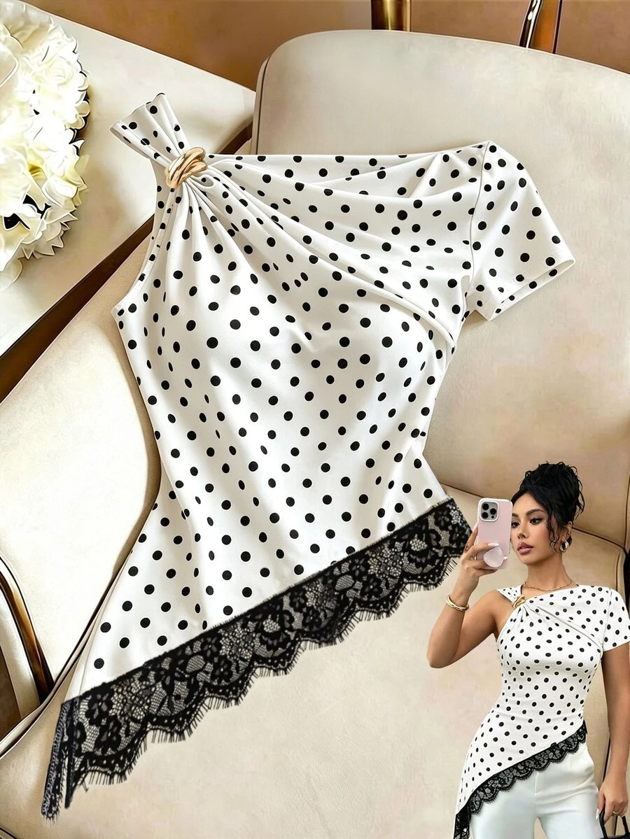 Celisse Women's Elegant Dot Pattern Asymmetric Neckline 3D Metal Button Irregular Hem Stitching Lace T-Shirt - Black and White - View 1