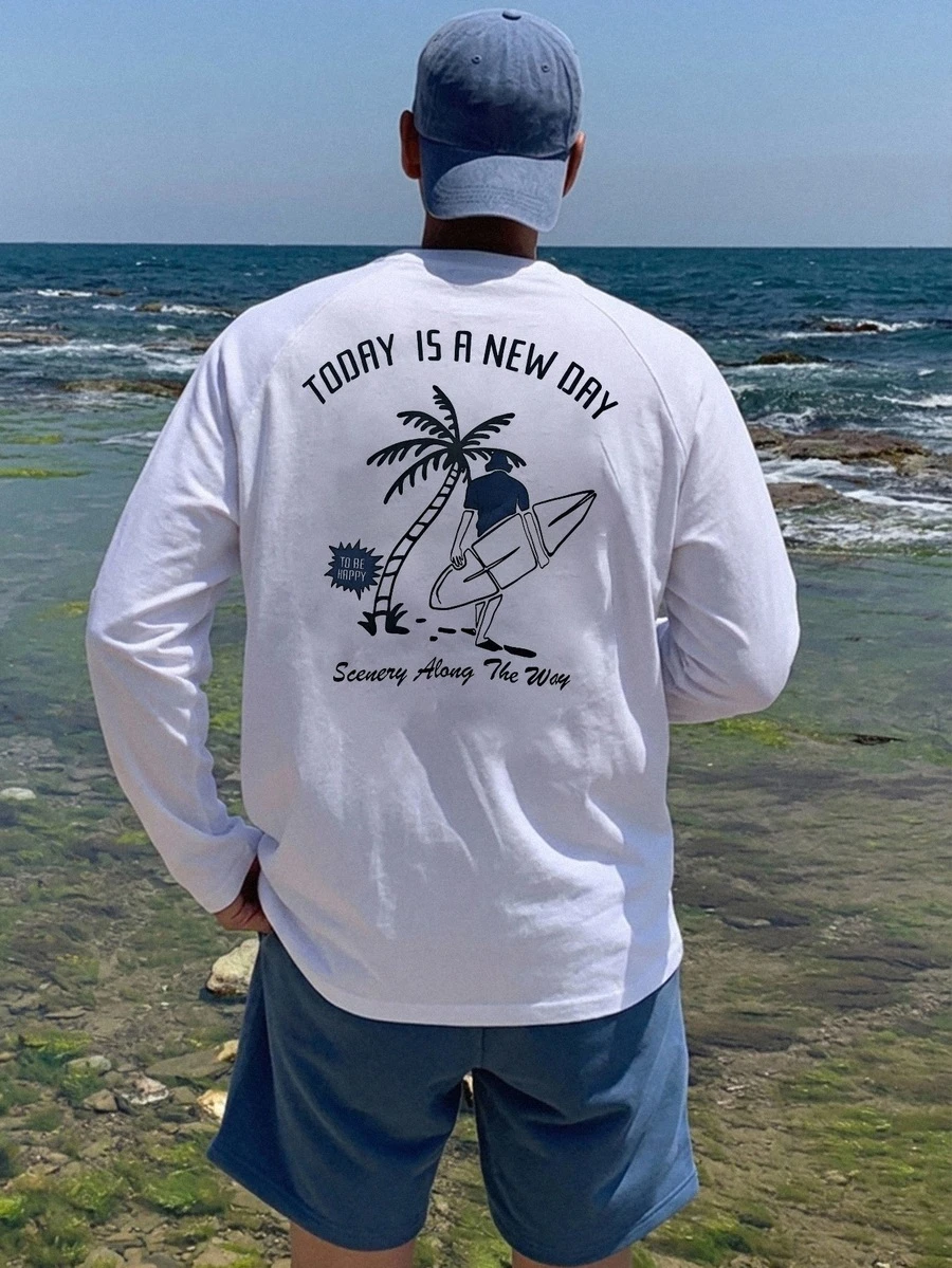 DAZY 春秋款長袖海灘衝浪印花白色韓系男士T恤 - 白色 - 查看 1
