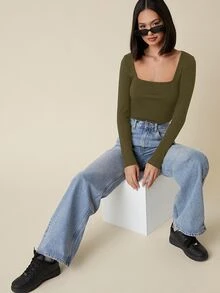 SHEIN BASICS 女款休閒純色方領修身T恤上衣 深綠色 日常與夜生活穿搭 秋季 - 軍綠色 - 查看 6