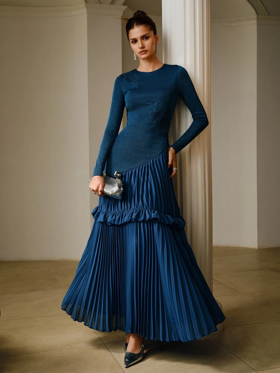 ZEYLAH Women's Solid Color Pleated Elegant Waist-Cinching Party Dress - Teal Blue - View 1