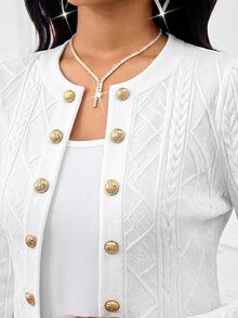 Fleurora 女款優雅白色紋理修身西裝外套，長袖開襟辦公夾克，時尚剪裁職場上衣 - 白色 - 查看 6