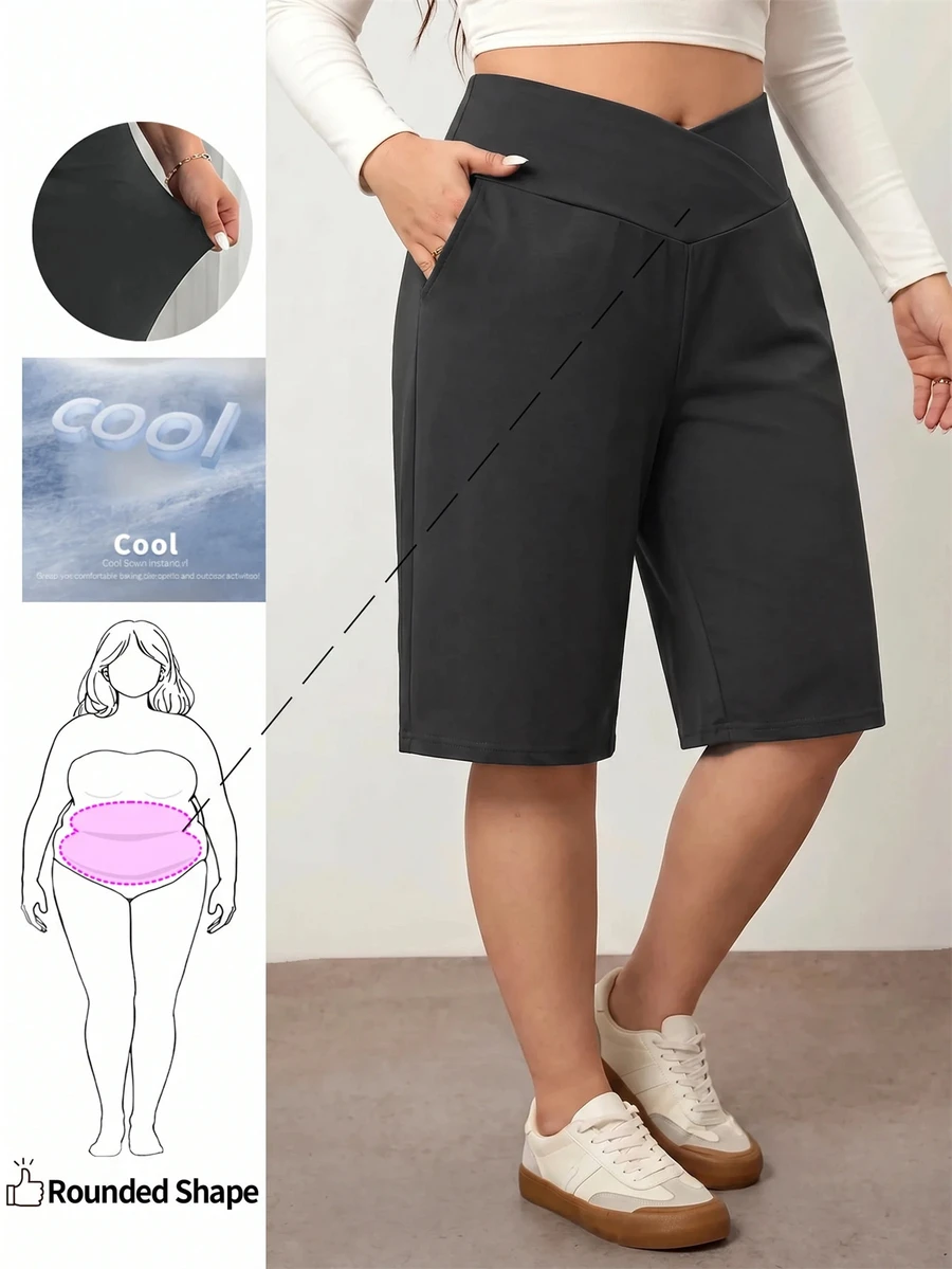 Enliva Plus Size Women's Black Casual Loose 3/4 Pants, Tummy Control V-Waist With Pockets, Suitable For Summer Daily Versatile Wear