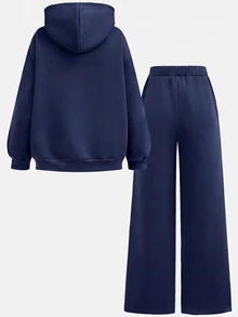 SHEIN Girlism 2件組青少年女孩純藍色冬季休閒度假返校復古寬鬆圖案秋季連帽衛衣與運動長褲保暖運動套裝 - 藏蓝色 - 查看 2