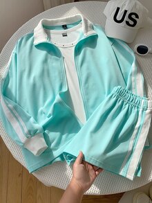 Comfortcana Fall Back To School Preppy Campus Zip Up Stand Collar Side Stripe Mint Green White 3 Pieces Athleisur - Mint Green - View 1