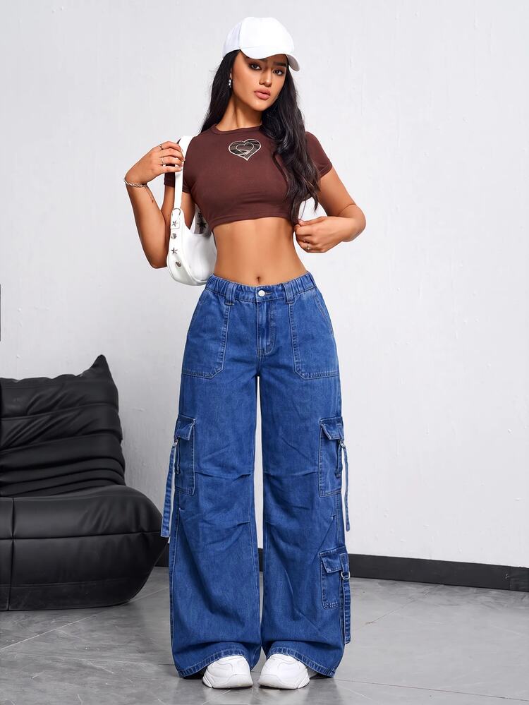 SHEIN EZwear Women's Casual Washed Wide Leg Cargo Jeans - Blue - View 6