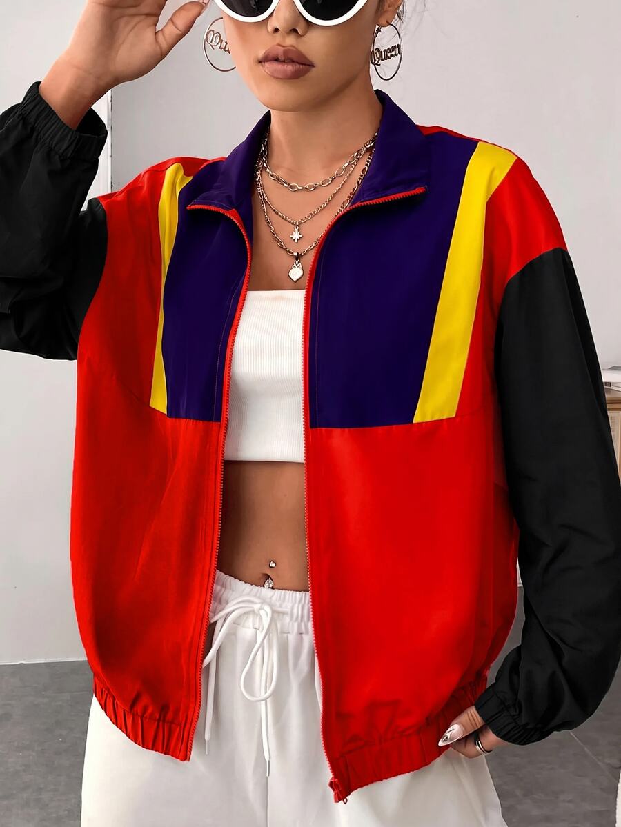 SHEIN EZwear 女款秋冬拼接立領落肩輕便夾克,黑色、紅色、黃色、深紫色 - 紅色 - 查看 1