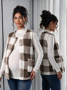 SHEIN Jaket Hamil Tipis Motif Kotak-kotak, Jaket Kasual Lengan Panjang dengan Kancing, Musim Dingin - Coklat - View 3