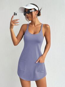 Easithlete Easithlete 女款純色 2 合 1 運動連身裙，附口袋 - 淡紫色 - 查看 1