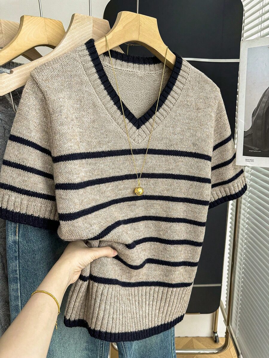 Franclia 新款春夏韓式簡約休閒寬鬆條紋拼色女款針織上衣 - 卡其色 - 查看 1