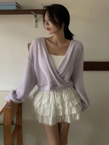 DAZY Solid Color Brushed Loose Fit Cropped Asymmetric V-Neck Long Sleeve Elegant Vacation Girl Korean Style Spring Autumn Knit Sweater For Women - Mauve Purple - View 4