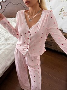 CottageSlumber PINK Heart Print Ribbed Knit Contrast Lace Cardigan Casual Women's Pajama Set - Pink - View 7