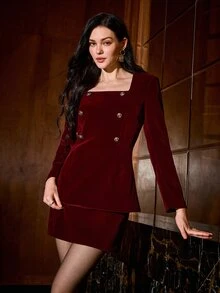 MOTF PREMIUM WOMEN'S AUTUMN/WINTER ELEGANT SQUARE NECK BUTTON DECOR SLIM FIT TOP - Red - View 4