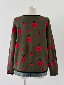 Sunspun Plus Size Women Animal Print Color Block Trim Cute Y2K Vintage Halloween Sweater Cardigan Autumn/Winter Back To School Season - Dark Green - View 2