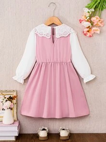 SHEIN Elladie kids 少女蕾絲刺繡百褶洋裝，大領設計百褶下擺連身裙，適合日常通勤休閒返校季穿著 - 粉色 - 查看 2