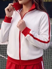EMERY ROSE Jaket Lengan Panjang Wanita Ukuran Besar Warna Putih Musim Gugur dengan Resleting dan Blok Warna, Model Kasual Balap, Smart Casual Olahraga Sehari-hari, Guru, Klub, Kantor - Putih - View 3