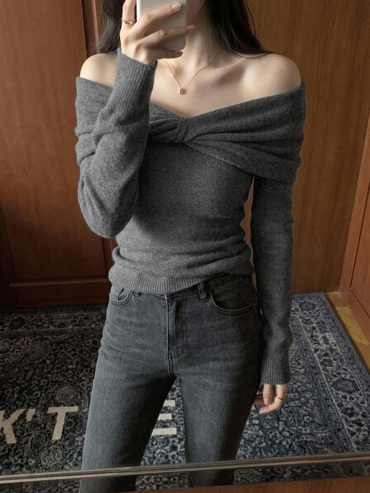 DAZY 女款純色扭結露肩長袖時尚毛衣 秋季 - 灰色 - 查看 3