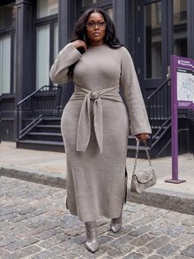 Slaydiva Plus Size Autumn/Winter Fashion Knotted Side Slit Knit Dress - Coffee Brown - View 3