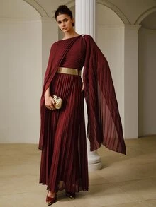 ZEYLAH Elegant Party Solid Color Pleated Cape Sleeve Dress - Burgundy - View 1