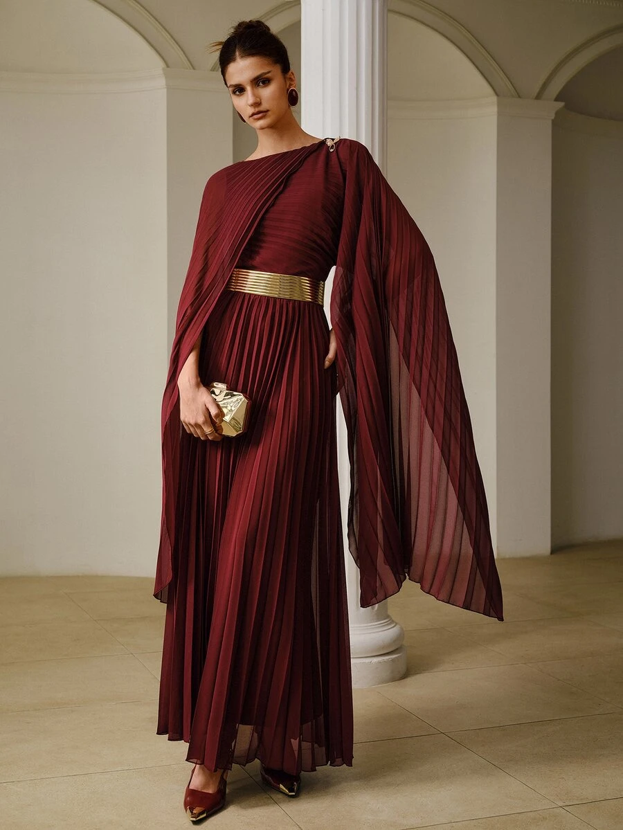 ZEYLAH Elegant Party Solid Color Pleated Cape Sleeve Dress - Burgundy - View 1
