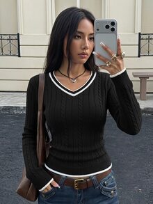 SHEIN 青少年女孩極簡純色V領長袖套頭毛衣，休閒日常穿著，秋冬長袖上衣，學院風V領長袖毛衣，復古V領毛衣，返校穿搭 - 黑色 - 查看 4