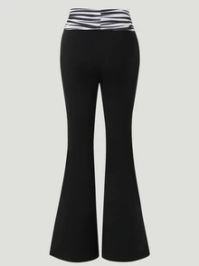 SHEIN 青少年女孩時尚黑白條紋修身喇叭褲，豹紋腰帶，百搭休閒保守寬鬆穿搭，適合春夏 - 黑色 - 查看 2