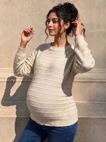 Momance Maternity Solid Color Drop Shoulder Long Sleeve Sweater With Bow Back Decor Photoshoot Formal White Fall And Winter Maternity Casual - Apricot - View 6
