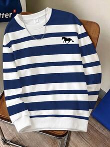 SHEIN Tween Boy Casual Fashion Crew Neck Long Sleeve Sweatshirt, Classic Cool Vintage Striped Pattern Print, Exquisite Pony Logo Print, Suitable For Autumn/Winter, Back To School Season - Multicolor - View 2