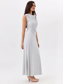 KÆRIA Hus Sculpted Ruched Sleeveless Dress - Soft Drape Mixed Media Gray Elegant Minimalist Formal Dinner Cocktail Night Evening Date Wedding Summer - Grey - View 3