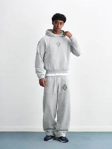 TOKVUE Men's Embroidered Design Long Sleeve Hoodie And Drawstring Waist Sweatpants Set - Grey - View 7