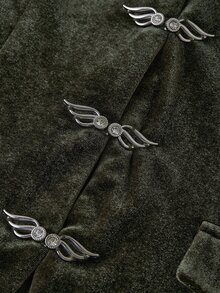 Solivie Women's Autumn Velvet Frog Button Design Jacket Fall Clothes Winter Clothes Party  Work Tops  Basic Blouses - Green - View 4