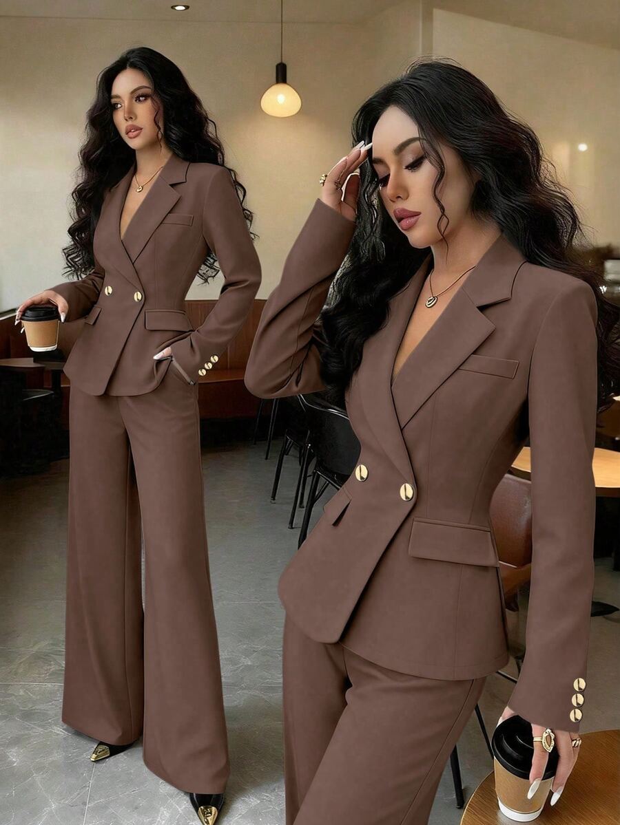 Rafferiza Women's Elegant Commute Lapel Collar Solid Blue Gold Button Autumn/Winter Blazer + Pocket Pants Versatile - Brown - View 1