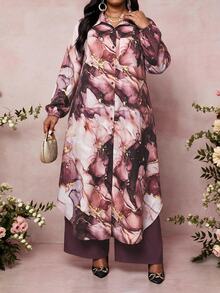 SHEIN Lady Plus Size Marble Print Shirt And Pants 2 Pieces Set - Multicolor - View 6