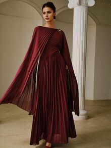 ZEYLAH Elegant Party Solid Color Pleated Cape Sleeve Dress - Burgundy - View 4