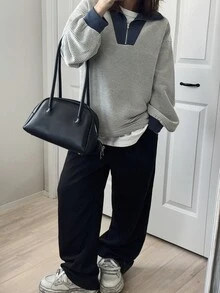 FRIFUL 女款撞色拉鍊設計落肩長袖條紋休閒T恤 - 藍色 - 查看 6