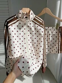 Comfortcana Women's Polka Dot Print Zipper Front Jacket And Shorts Casual 2 Pieces Set - Apricot - View 7