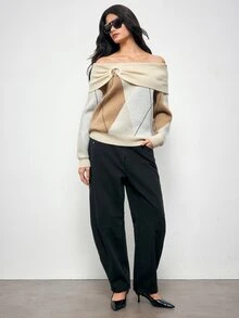 Maija Women's Contrast Color Pleated Off-Shoulder Long Sleeve Casual Sweater - Khaki - View 4