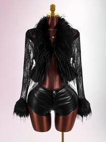 Amplova Ultra-Cropped Round Neck Lace Patchwork Faux Fur Contrast Color Women's Fitted Waist Party Banquet Graduation Season Jacket - Black - View 4