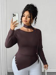 Elenzga Plus Size Maillard Brown Sexy Cold Shoulder Top With Rhinestone Ribbon Scarf, Elastic Slim Fit Slit Long Sleeve Base Layer Fall - Brown - View 4