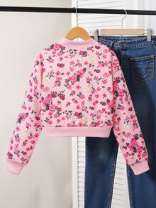 SHEIN 青少年女孩返校休閒花卉數位印花棒球夾克 羅紋袖口 春秋款 - 粉色 - 查看 2