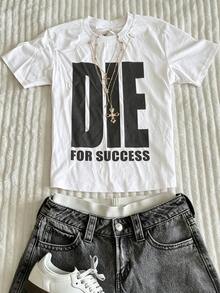 SHEIN Plus Size Summer Casual Letter Print T-Shirt - White - View 1