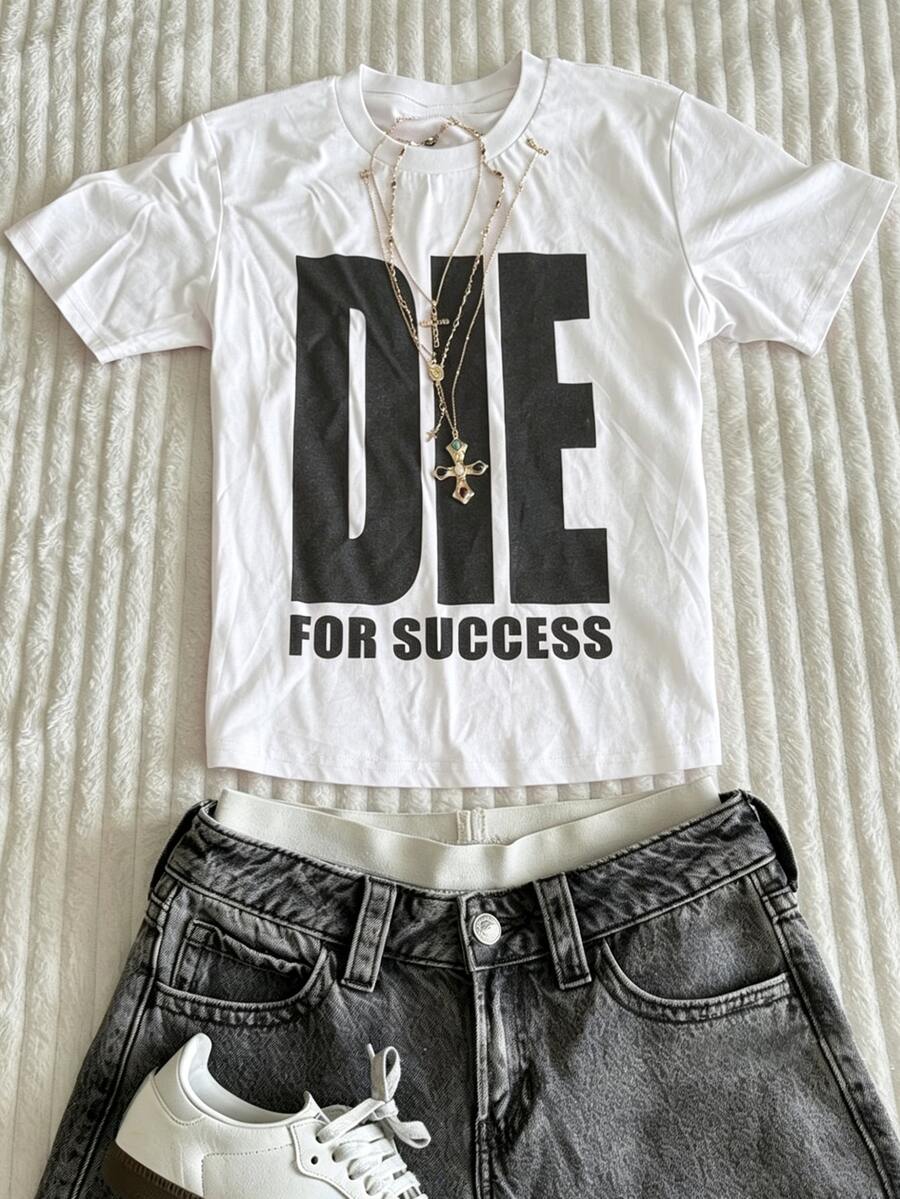 SHEIN Plus Size Summer Casual Letter Print T-Shirt - White - View 1