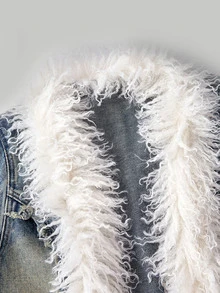 SHEIN Women's Patchwork Faux Fur Long Sleeve Open Front Denim Jacket - Blue - View 4