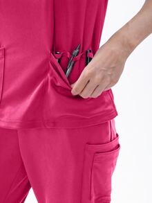 TaskEZ Women's Matte Wrap Top With 2 Pockets And Princess Seams On Back - Hot Pink - View 8