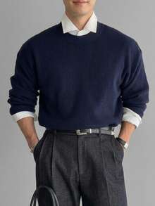 DAZY Spring/Autumn Navy Blue Long Sleeve Crew Neck Loose Fit Men's Sweater - Navy Blue - View 4