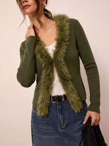 Freevana Women's Patchwork Fuzzy Long Sleeve Slim Fit Knit Cardigan Brunch Olive Green Autumn Casual Elegant - Army Green - View 4