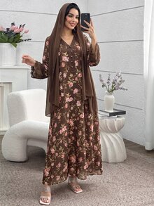 Yasmyna V領雪紡蕾絲拼接粉色花卉印花洋裝附頭巾 - 棕色 - 查看 3