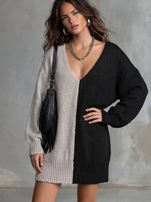 Solivie Gaun Rajut Lengan Panjang Bahu Longgar Motif Blok Warna Hitam & Putih untuk Wanita Musim Gugur - Hitam dan Putih - View 9